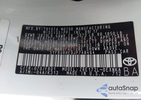 2018 Toyota Corolla из США, поврежденный, VIN 5YFEURHE9JE748464